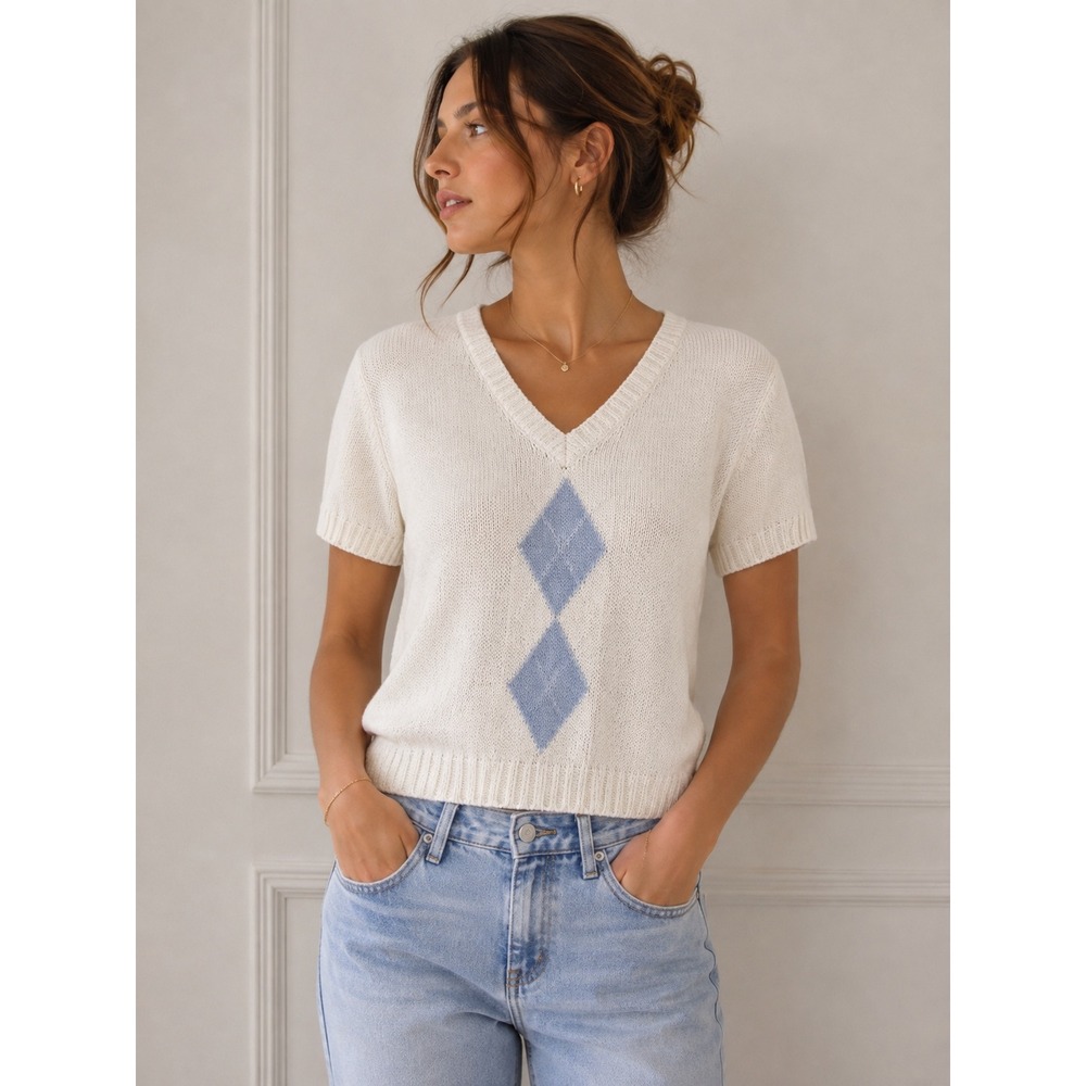 Vintage White Argyle Knit Short Sleeve V-Neck Sweater Cotton Blend Medium